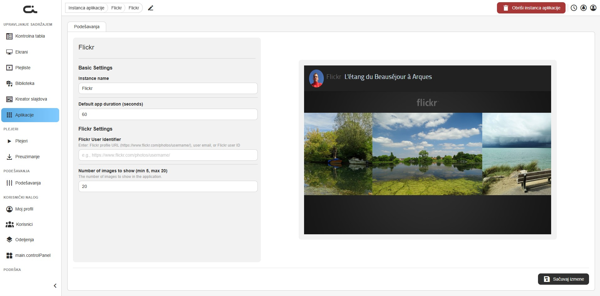 Podešavanja aplikacije Flickr