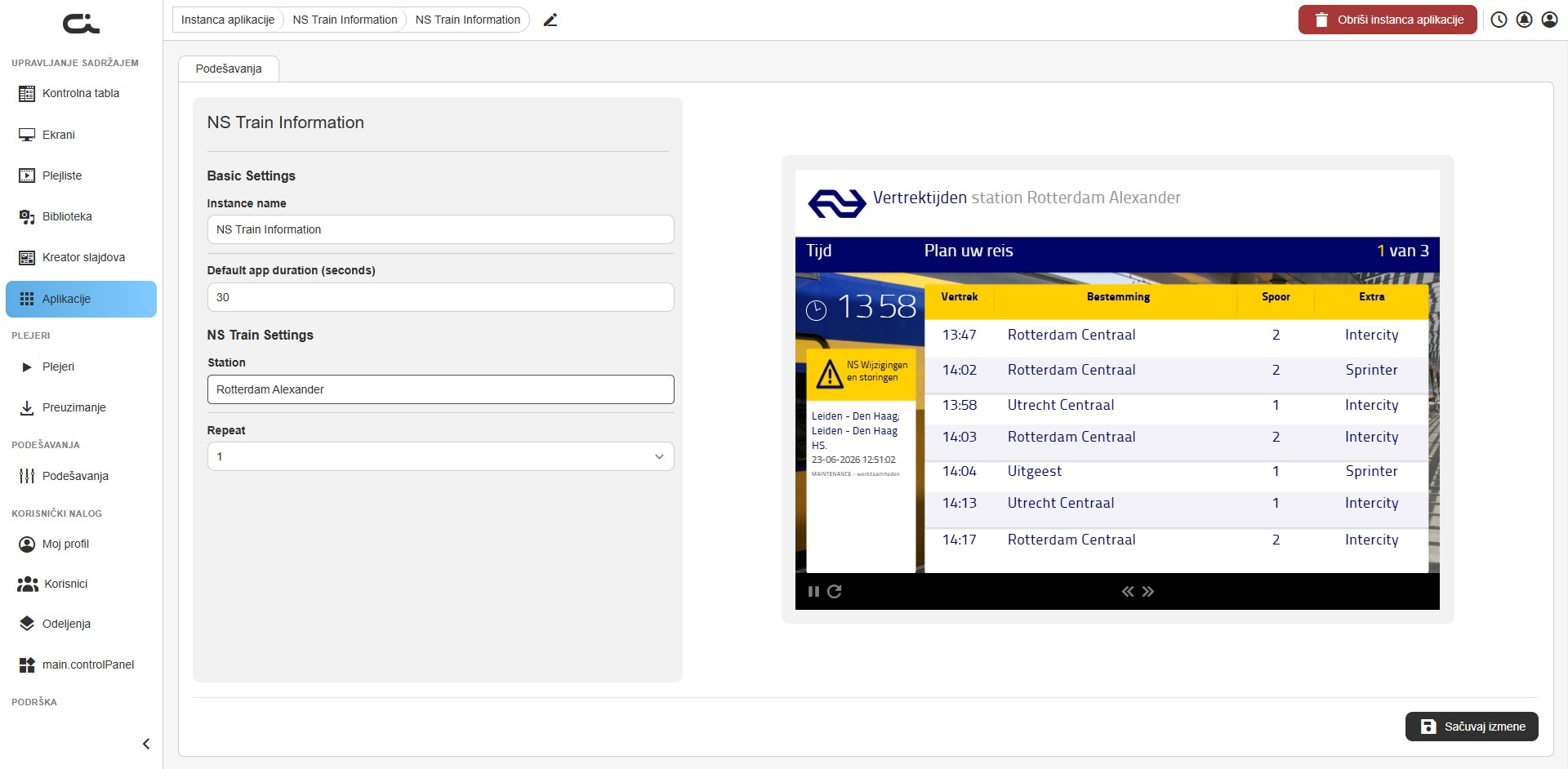 Podešavanja aplikacije NS Train Information