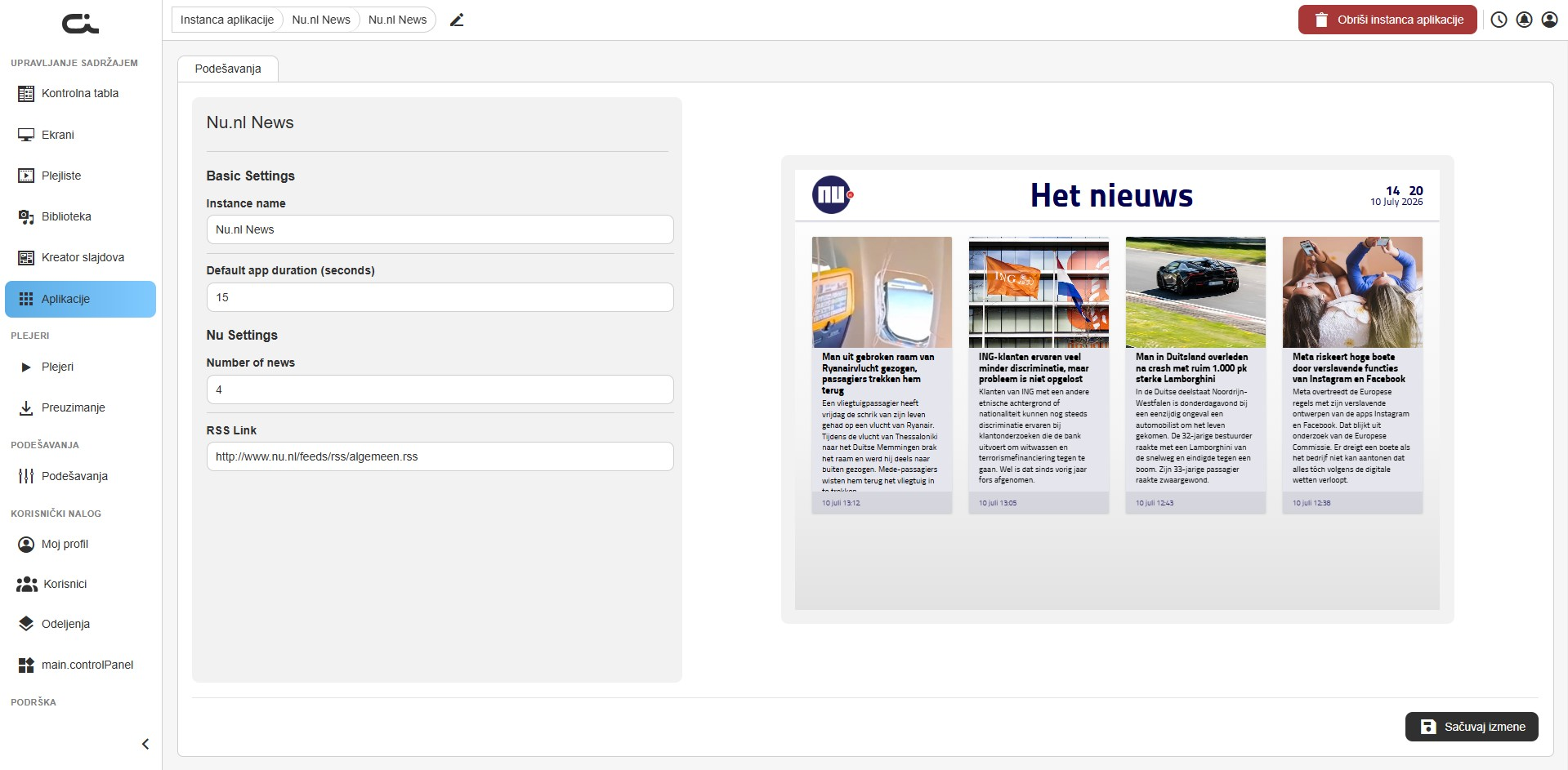 Podešavanja aplikacije NU.nl News