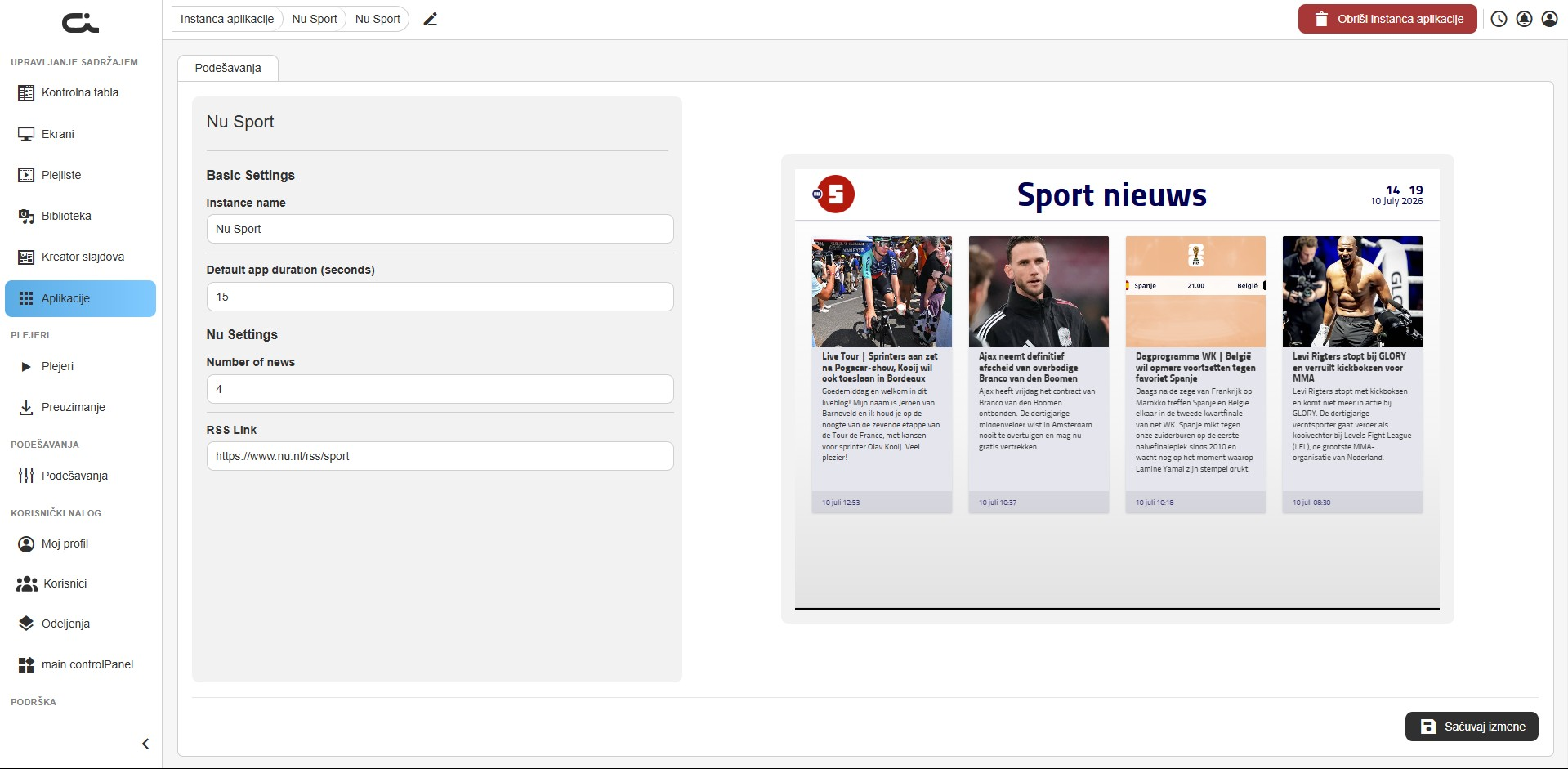 Podešavanja aplikacije NU Sport