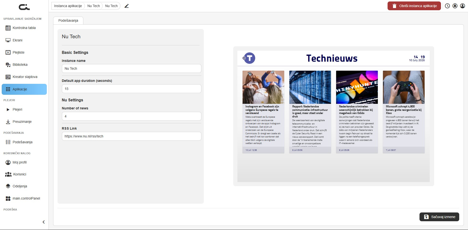 Podešavanja aplikacije NU Tech