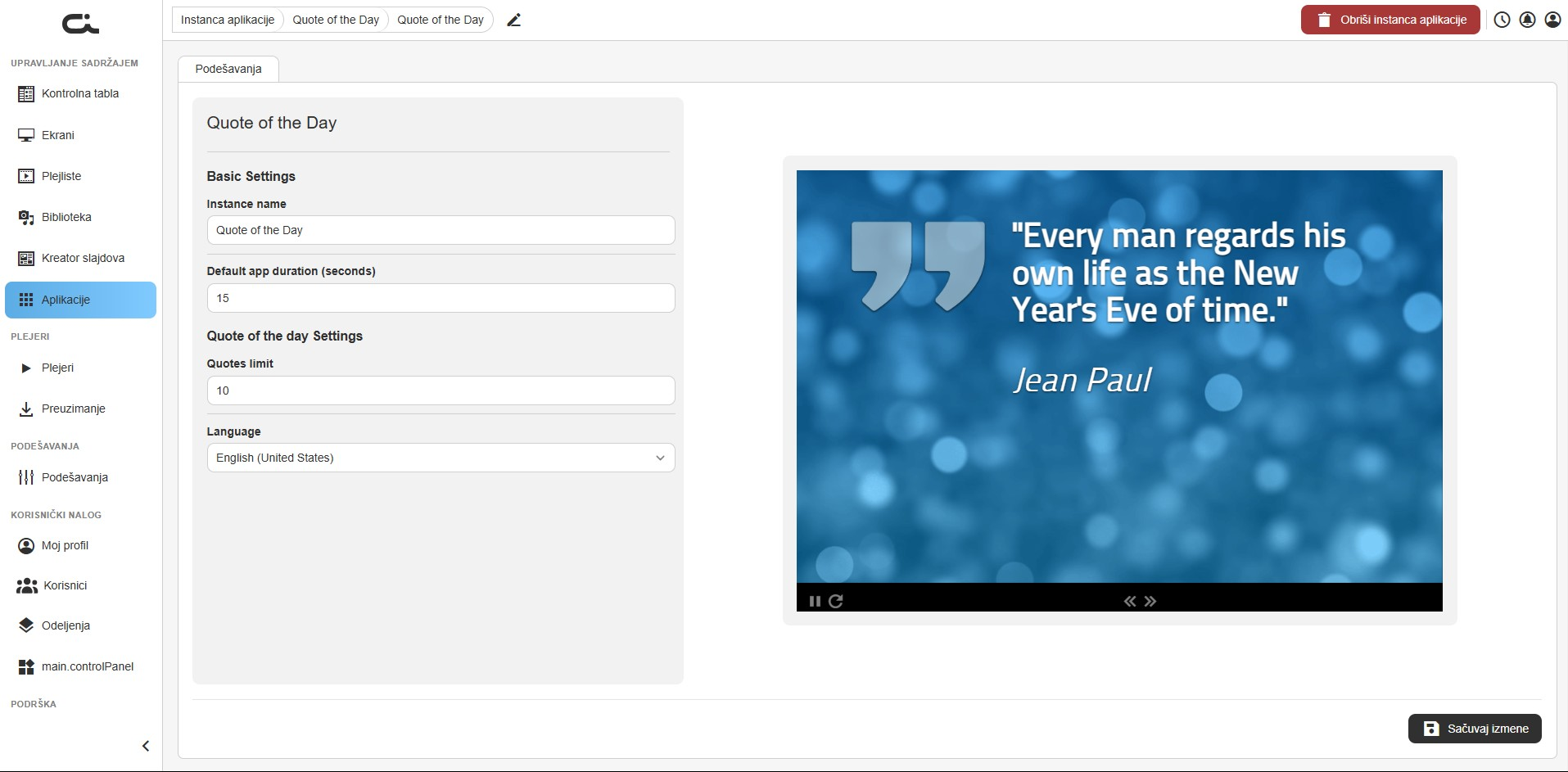 Podešavanja aplikacije Quote of the Day