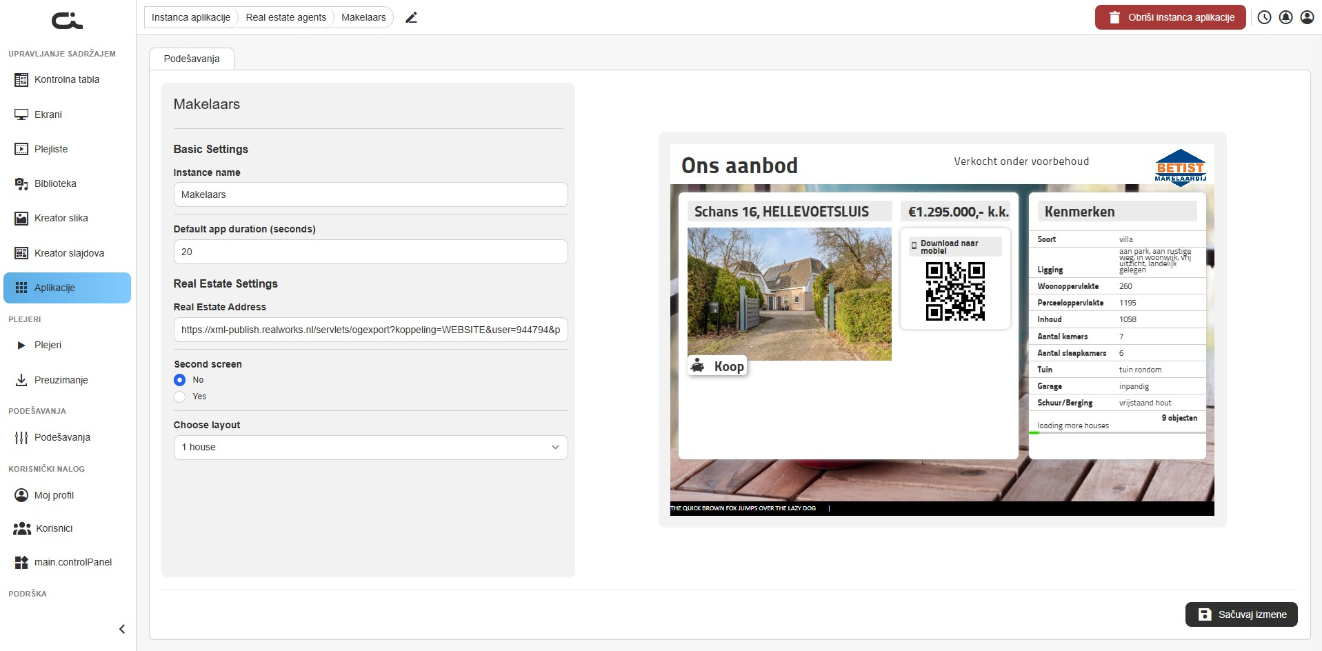 Podešavanja aplikacije Real Estate Agents