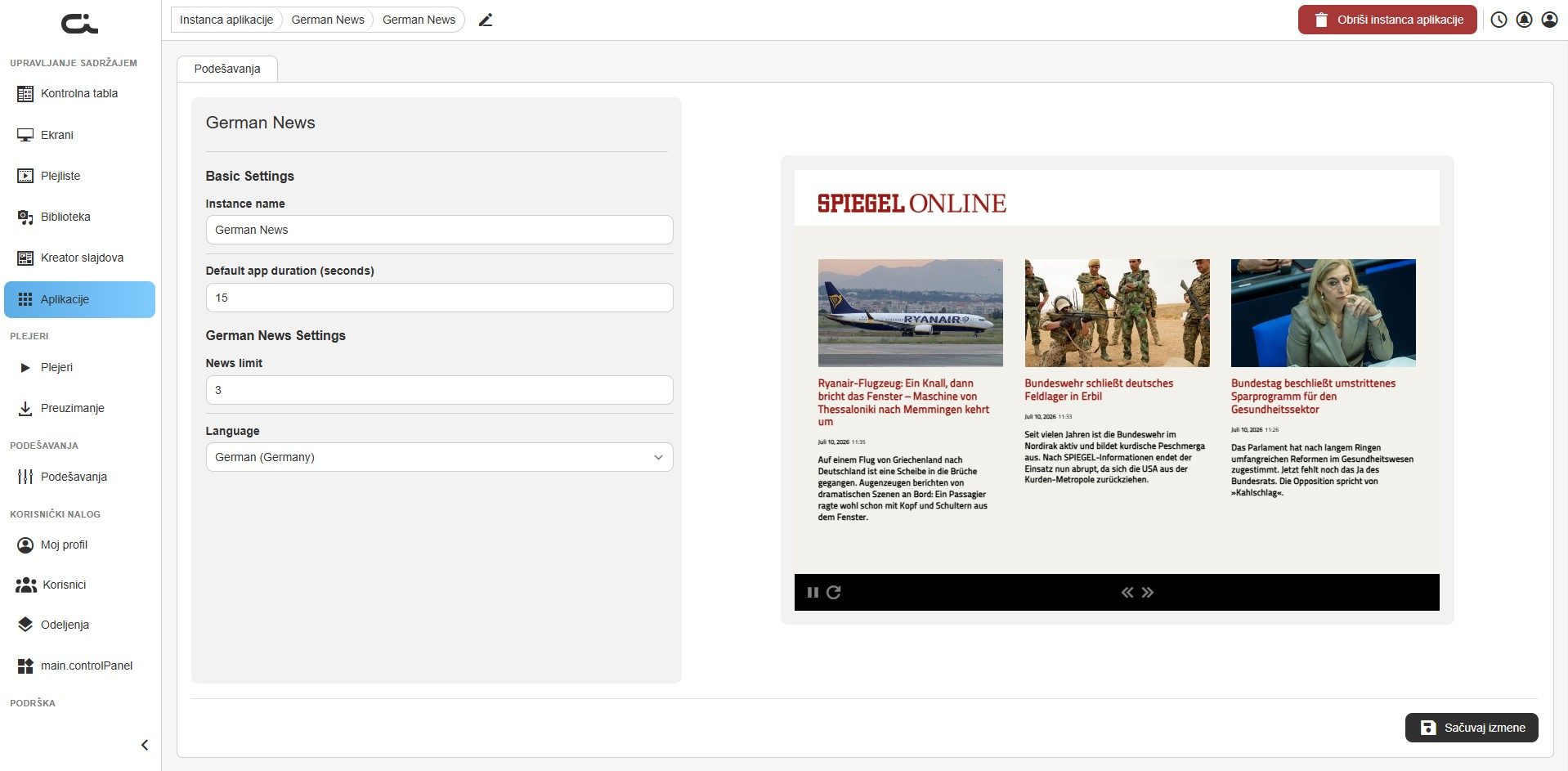Podešavanja aplikacije Spiegel Online